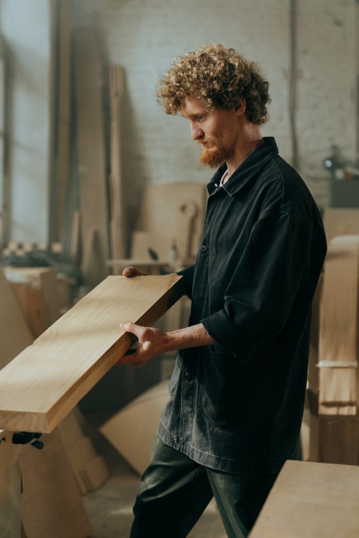 A male craftsman with curly hair carefully examines a wooden plank in an indoor workshop.