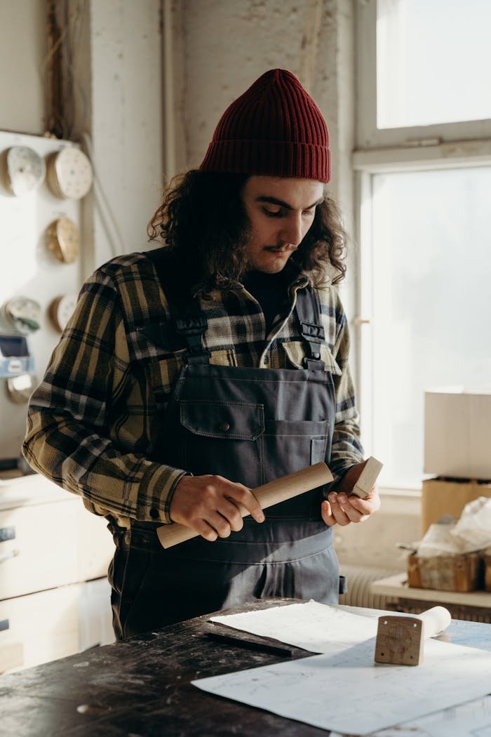 A male craftsman wearing a beanie and overalls works with wood in a sunlit workshop.